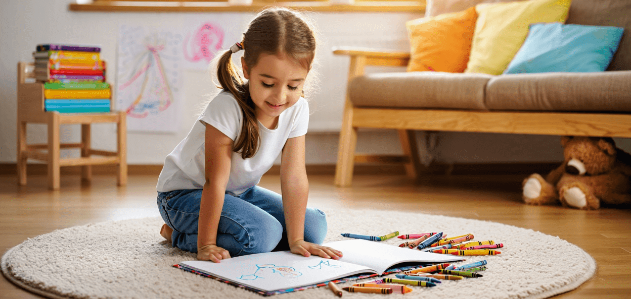 Child drawing on floor with crayons and sketchbook.