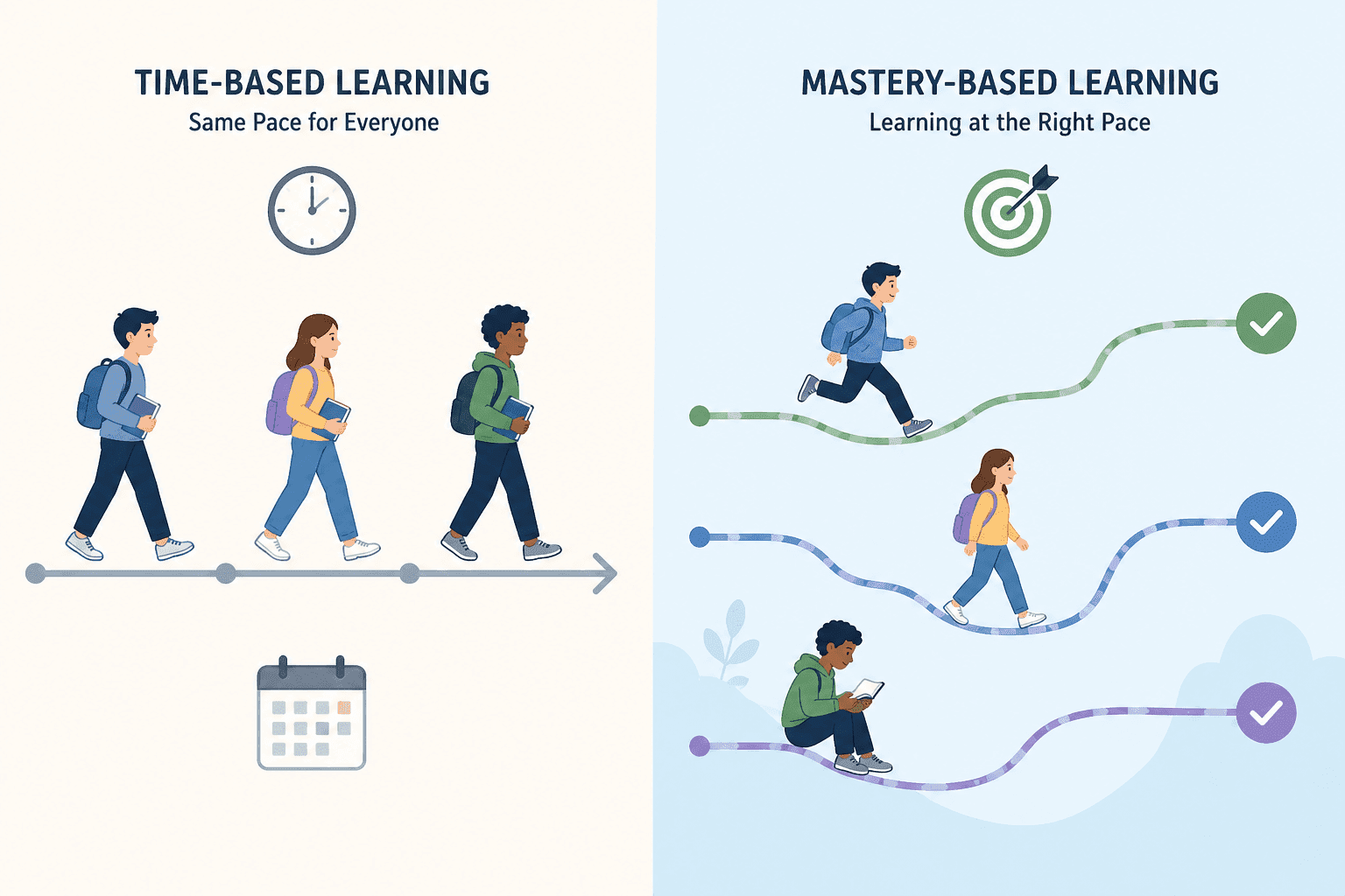 Comparison of time-based learning and mastery-based learning showing fixed pace vs individual progress