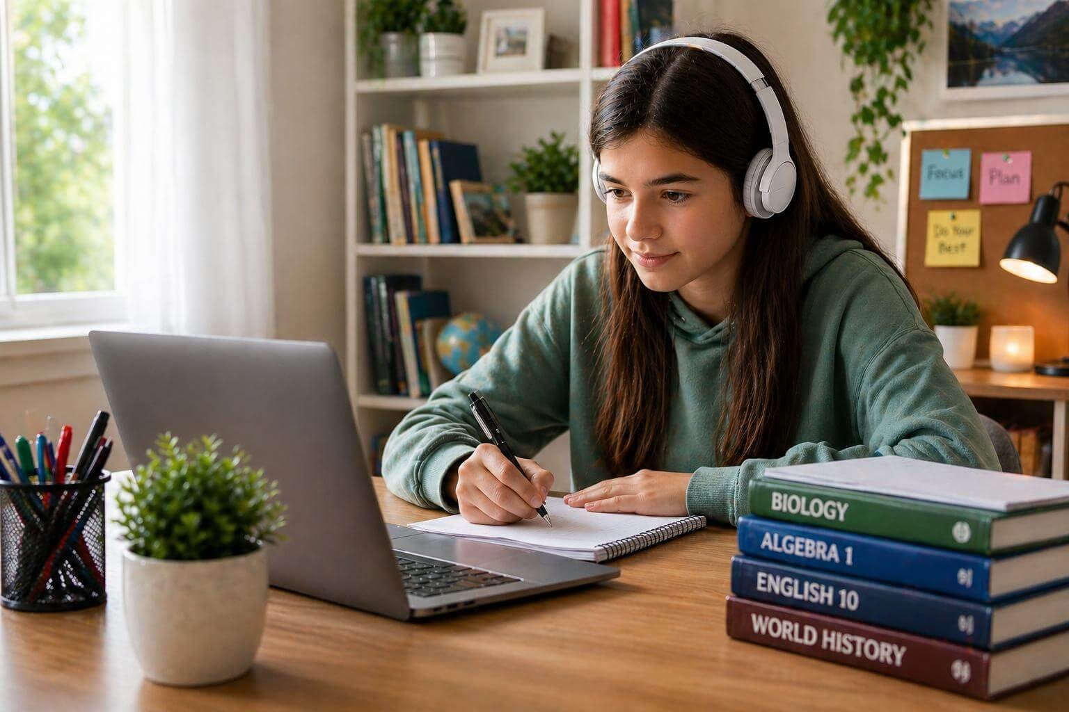 Student studying online at home with laptop and textbooks at desk