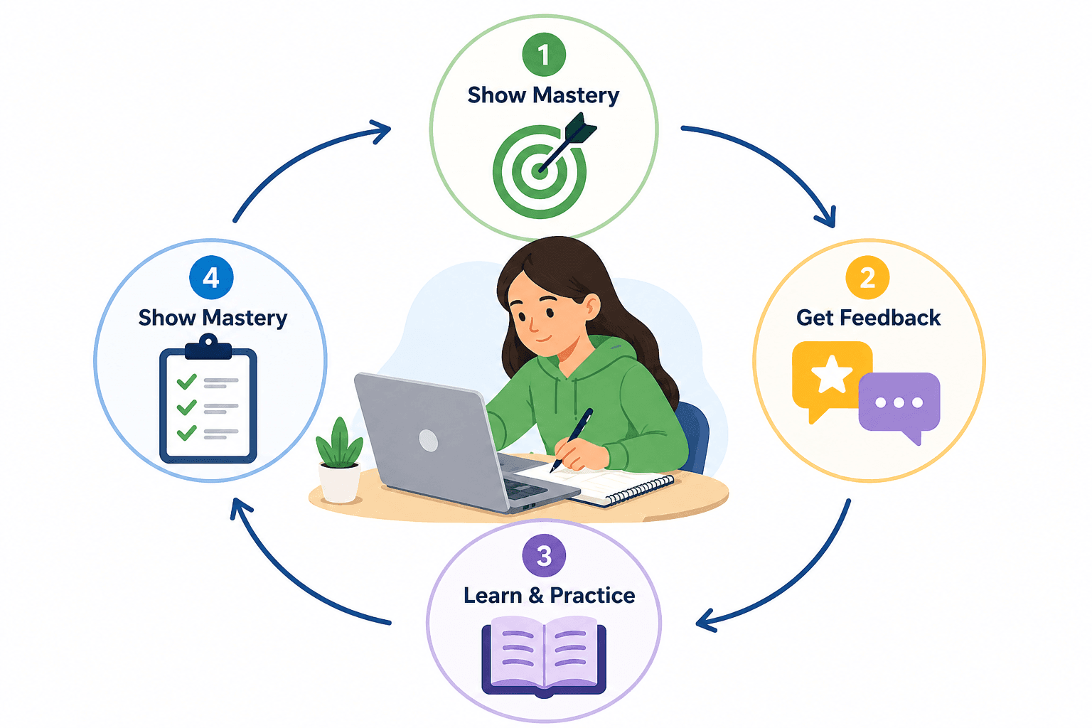 Mastery-based learning cycle showing practice, feedback, and progress